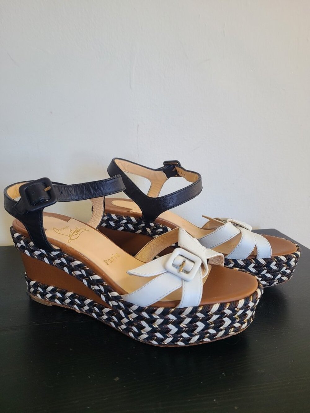 Christian Louboutin Lagoa 70 White Brown Black Wedge Sandals size 37